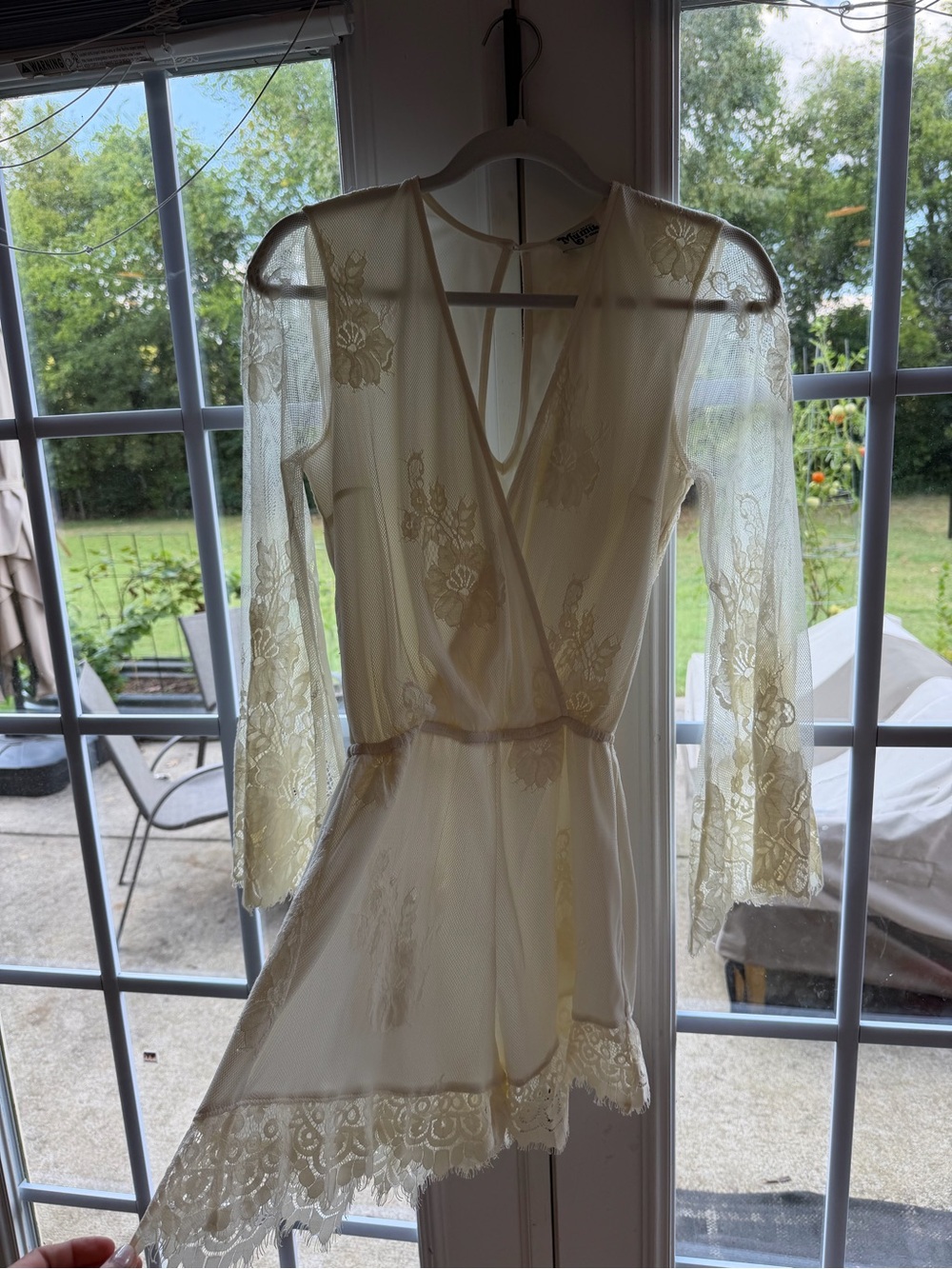 Women's Cream Lace Wrap Romper - Elegant Sheer Long Sleeve